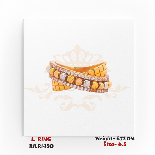 Front view of a gold ladies ring highlighting the crossover band with alternating gold and white bead-like details bordered by shimmering stones. Model RJLR1450.
