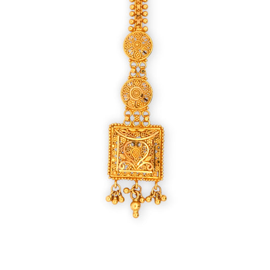 22kt Gold Tikka with Geometric Square Engraved Pendant and Dangling Ghungroos – Traditional and Classic Bridal Jewelry – Regal Jewels RJLT3017A