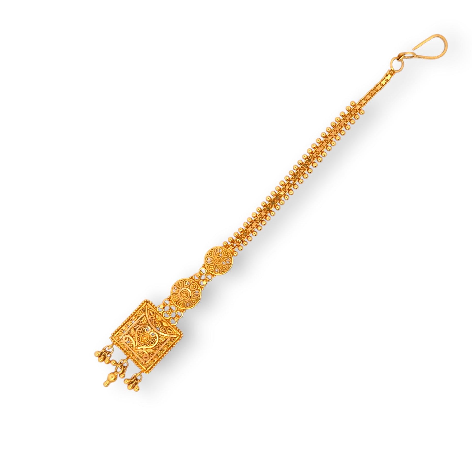 22kt Gold Tikka with Geometric Square Engraved Pendant and Dangling Ghungroos – Traditional and Classic Bridal Jewelry – Regal Jewels RJLT3017