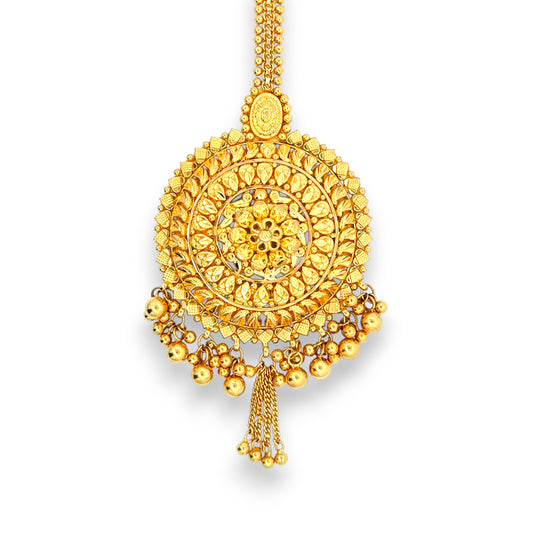 22kt Gold Tikka with Large Sunburst Jhoomar Pendant and Gold Bead Dangles – Traditional and Royal Bridal Jewelry – Regal Jewels RJLT3030A