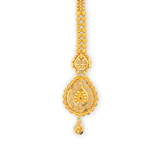 22kt Gold Tikka with Teardrop Shaped Filigree Pendant and Patterned Chain – Traditional and Feminine Bridal Jewelry – Regal Jewels RJLT3032A