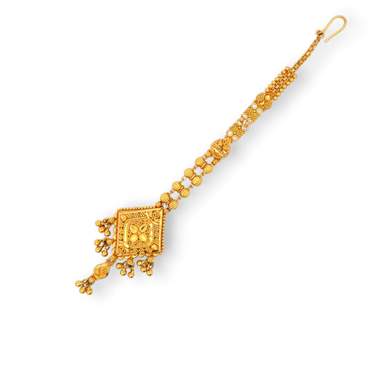 22kt Gold Tikka with Intricate Square Filigree Jhoomar and Chain Link – Traditional and Detailed Bridal Jewelry – Regal Jewels RJLT3034