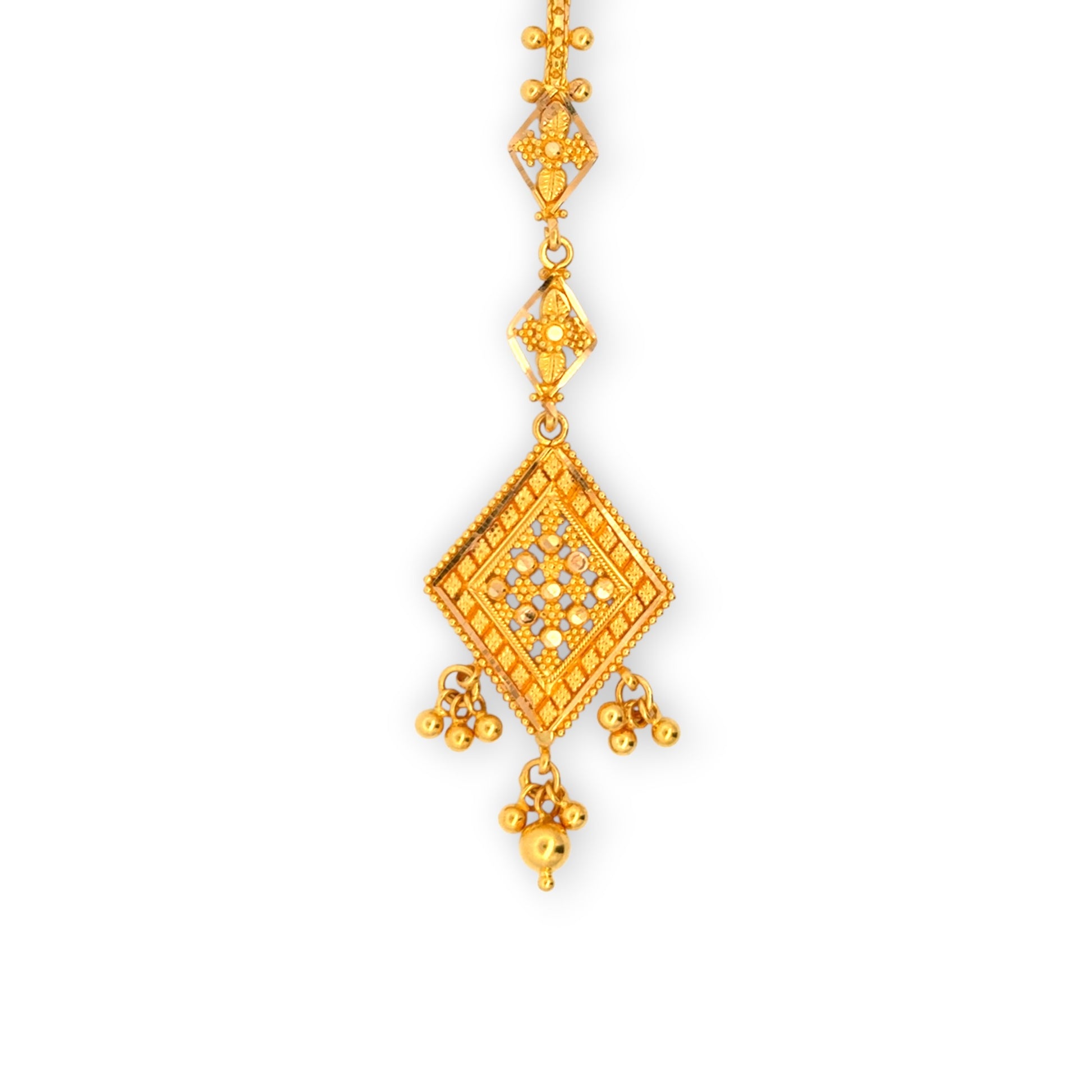 22kt Gold Tikka with Diamond-Shaped Pave Stone Pendant and Dangling Beads – Modern and Sparkling Bridal Jewelry – Regal Jewels RJLT3036A