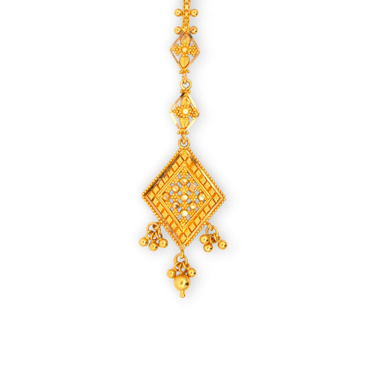 22kt Gold Tikka with Diamond-Shaped Pave Stone Pendant and Dangling Beads – Modern and Sparkling Bridal Jewelry – Regal Jewels RJLT3036A