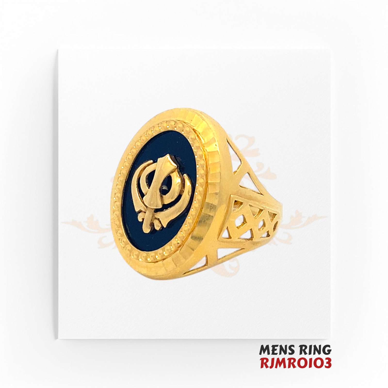 22kt gold Sikh Khanda men’s ring, model RJMR0103, featuring a bold gold Khanda emblem set on black enamel, representing strength and faith. Weighing 11.0 grams, available at Regal Jewels.