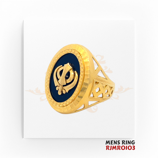22kt gold Sikh Khanda men’s ring, model RJMR0103, featuring a bold gold Khanda emblem set on black enamel, representing strength and faith. Weighing 11.0 grams, available at Regal Jewels.