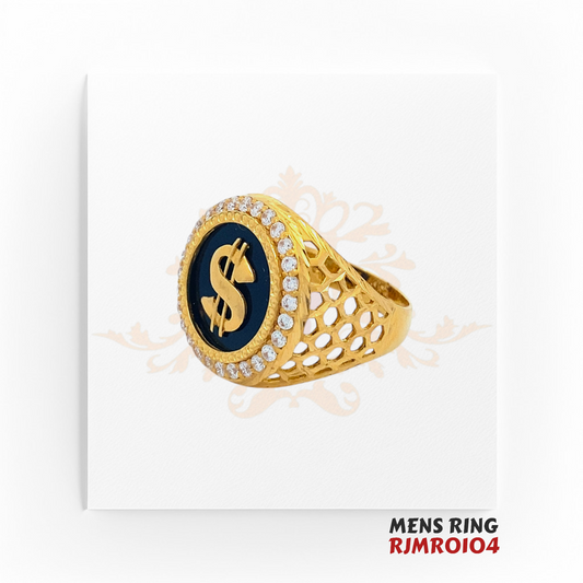 22kt gold and diamond men’s ring, model RJMR0104, featuring a striking gold dollar sign set on black enamel, encircled by sparkling CZ stones. Weighing 9.0 grams, available at Regal Jewels.