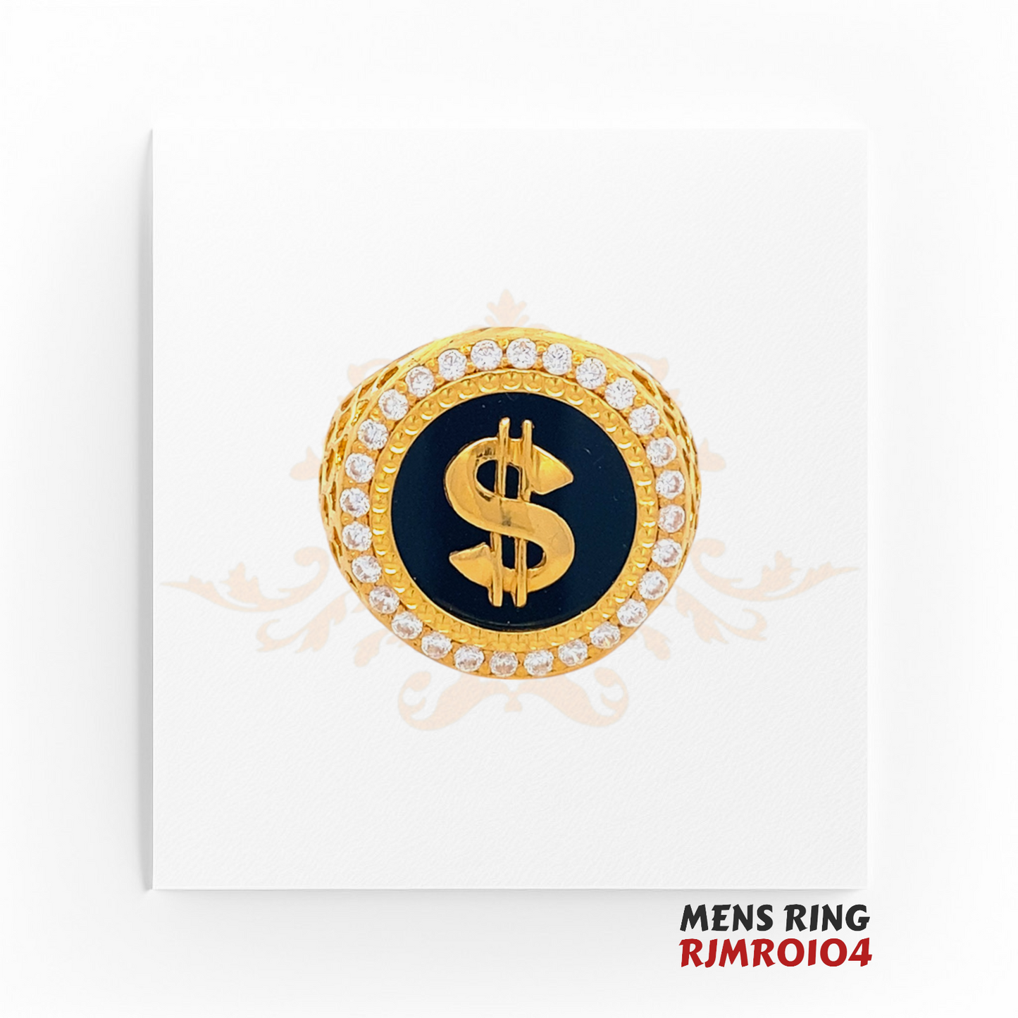 22kt Gold & Diamond Men's Ring RJMRO104 – A 9.0-gram statement ring with a bold gold dollar sign on black enamel, surrounded by CZ stones. Available at Regal Jewels.