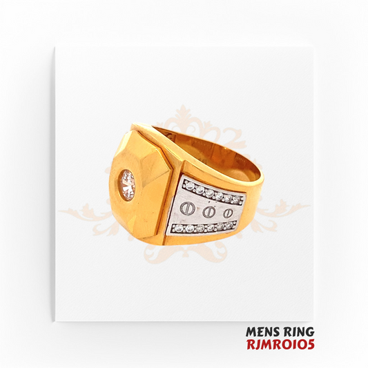 22kt Cartier-inspired gold and diamond men’s ring, model RJMR0105, showcasing a solitaire diamond accented by rhodium screw-motif detailing. Weighing 13.0 grams, size 8.5, available at Regal Jewels.