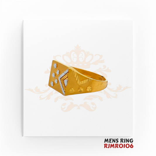 22kt two-tone gold men’s ring, model RJMR0106, featuring a bold geometric design enhanced with striking rhodium accents. Weighing 5.10 grams, size 9.5, available at Regal Jewels.