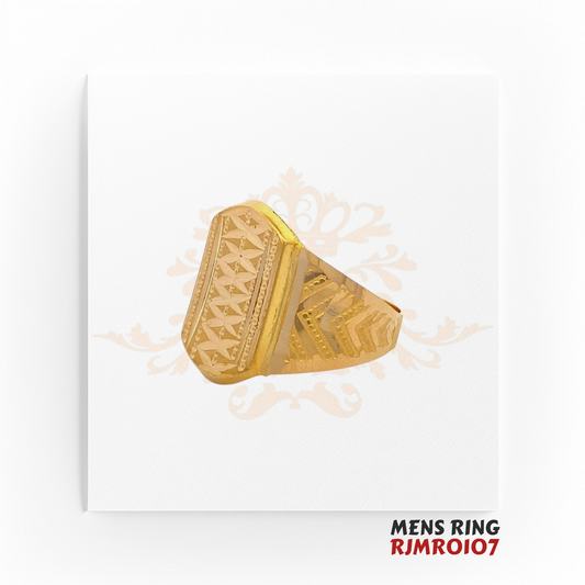 22kt gold men’s ring, model RJMR0107, featuring a unique hexagonal top adorned with detailed engravings, weighing 3.30 grams, size 10.5, available at Regal Jewels.