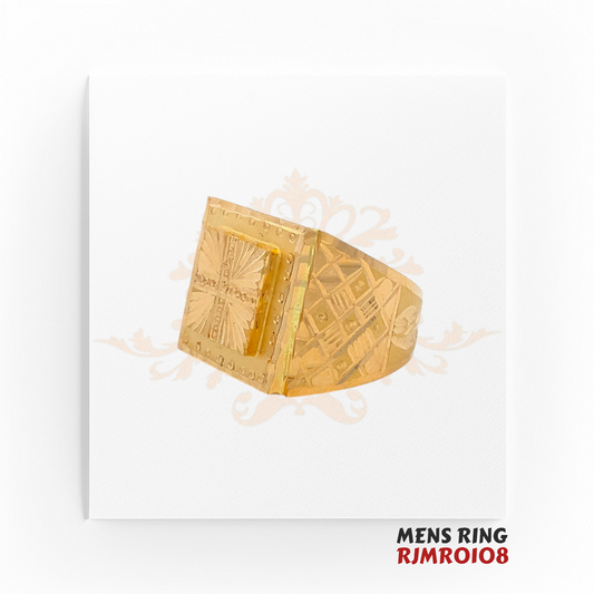 22kt gold men’s ring, model RJMR0108, featuring a geometric-engraved square face with textured side accents, weighing 5.20 grams, size 10.0, available at Regal Jewels.