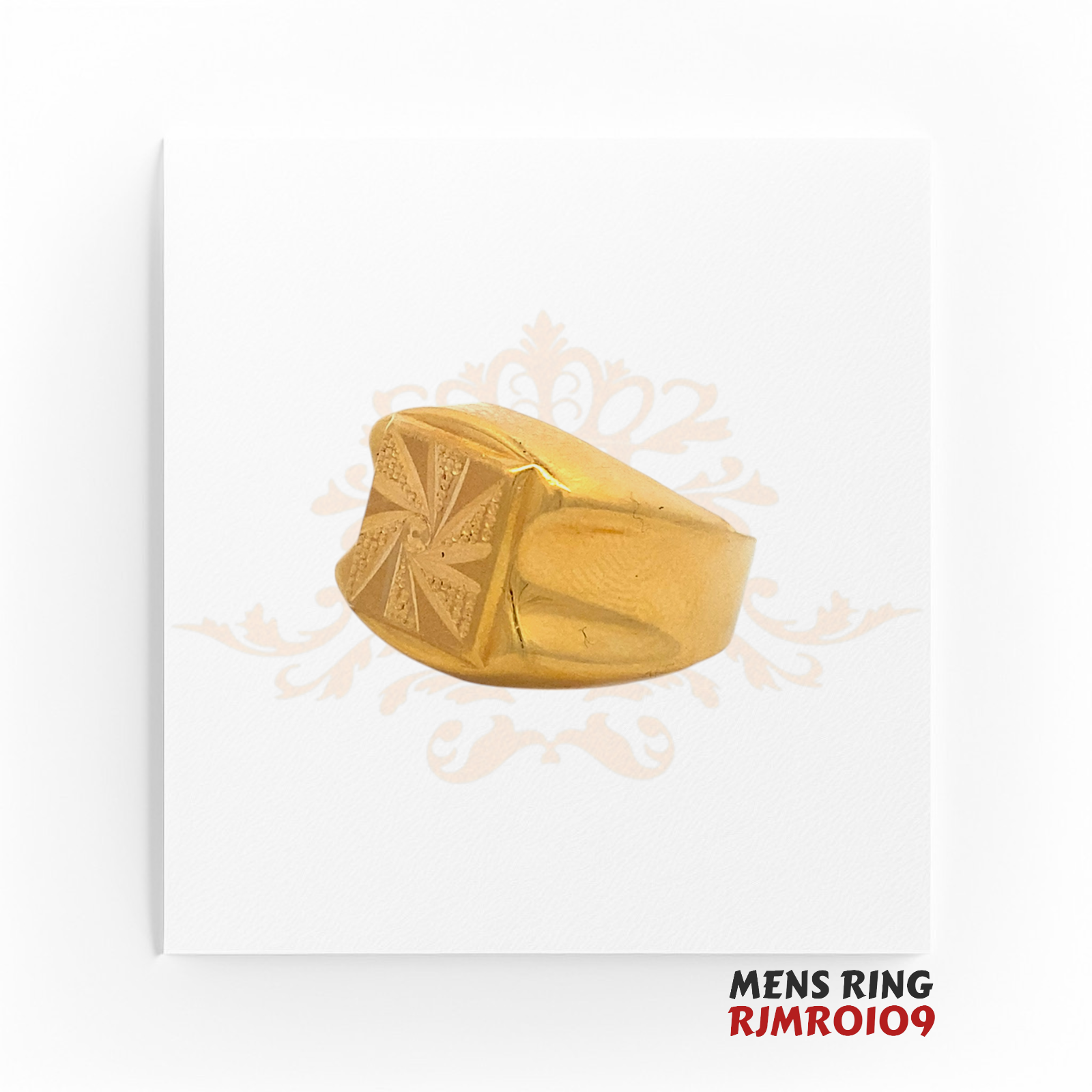 22kt gold men’s ring, model RJMR0109, showcasing a striking swirl-engraved centerpiece framed by sleek polished gold edges, weighing 5.00 grams, size 8.5, available at Regal Jewels.