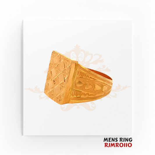 22kt gold men’s ring, model RJMR0110, featuring a bold square top with intricate crisscross engraving and a polished finish, weighing 36.60 grams, available at Regal Jewels.