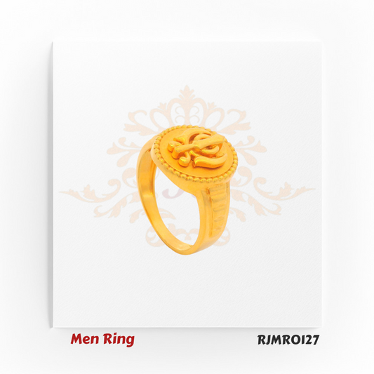 Men’s pure gold ring featuring a raised Ek Onkar Sikh Khanda emblem on a circular base, framed by fine beaded edging for a traditional and meaningful design. Model RJMR0127