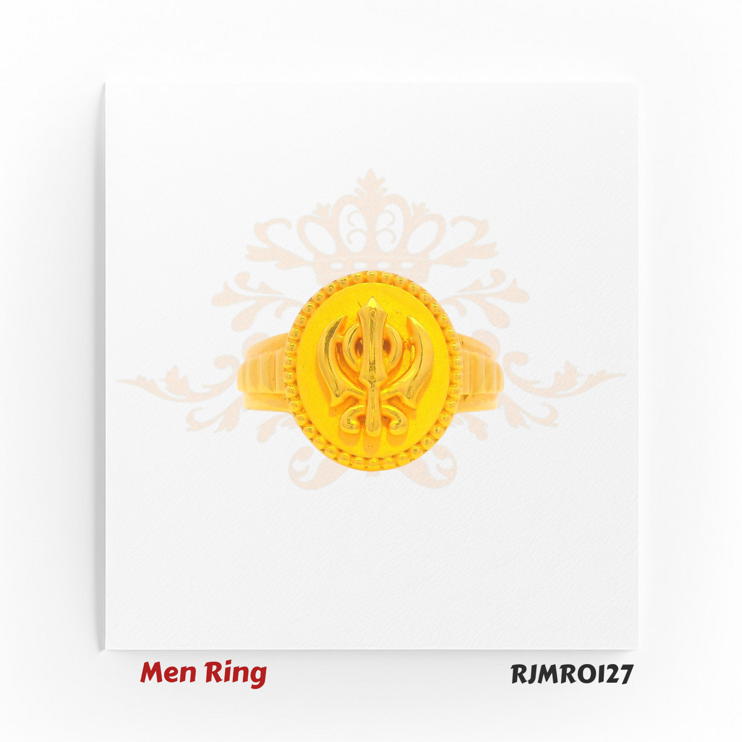 Men’s pure gold ring featuring a raised Ek Onkar Sikh Khanda emblem on a circular base, framed by fine beaded edging for a traditional and meaningful design. Model RJMR0127