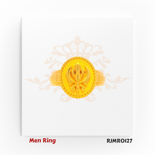 Men’s pure gold ring featuring a raised Ek Onkar Sikh Khanda emblem on a circular base, framed by fine beaded edging for a traditional and meaningful design. Model RJMR0127