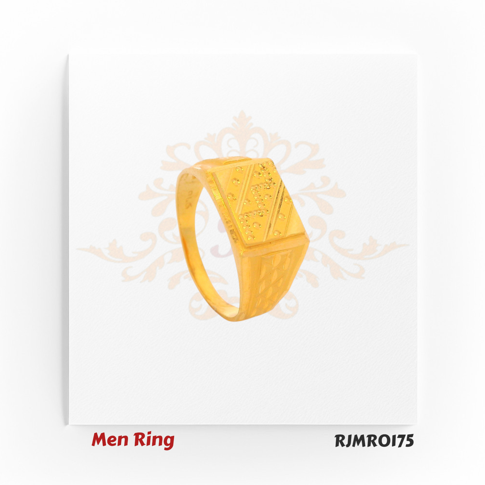 This men’s gold ring showcases a sleek rectangular face, enhanced with a precise geometric dot motif and a ruggedly textured band, offering a modern twist on classic masculine style. Model: RJMR0175.