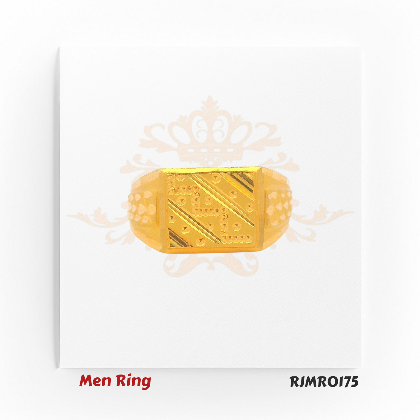 A bold, rectangular men’s gold ring featuring a sharp geometric dot pattern and a textured band — perfectly crafted for the modern man who values clean, contemporary design. Style code: RJMR0175.