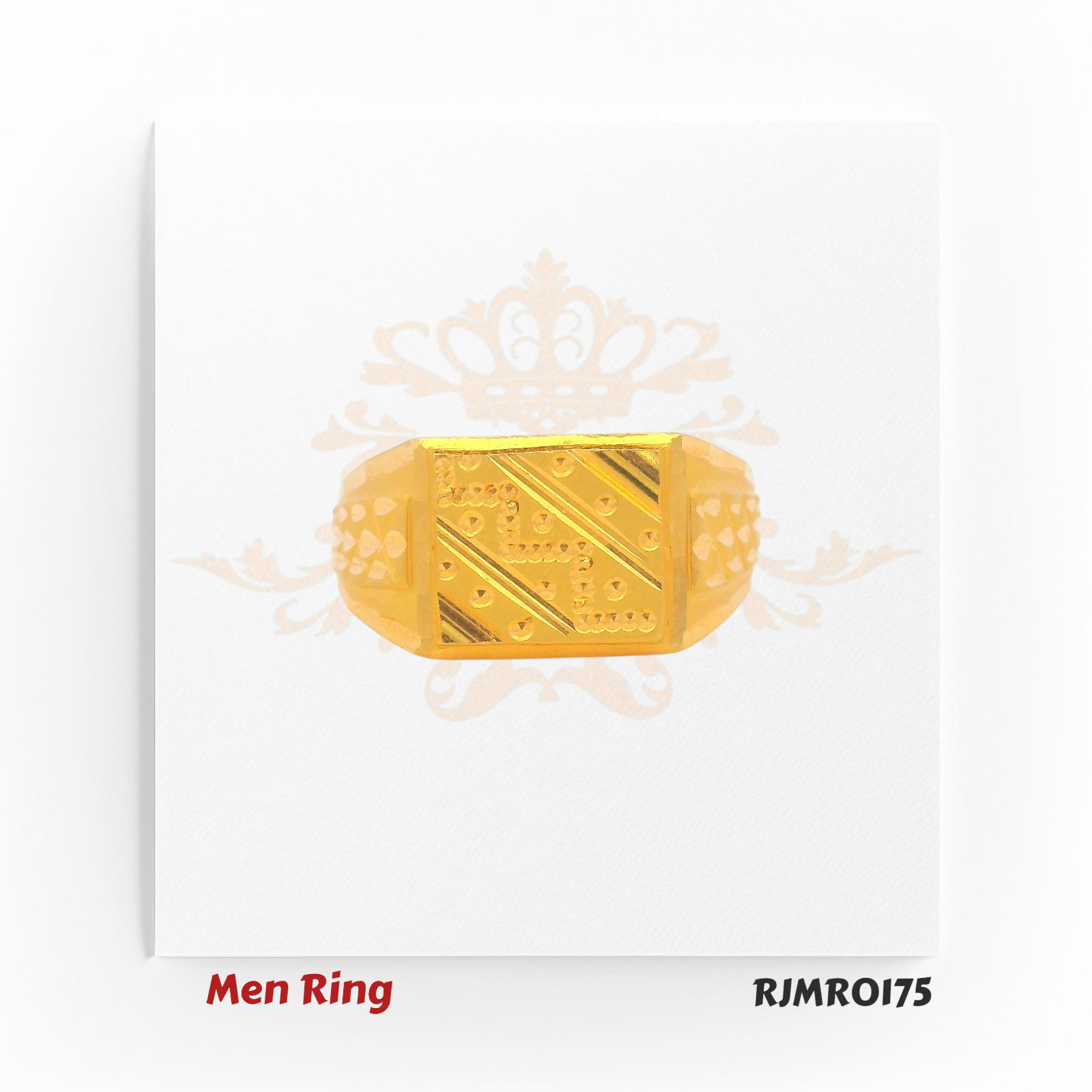 A bold, rectangular men’s gold ring featuring a sharp geometric dot pattern and a textured band — perfectly crafted for the modern man who values clean, contemporary design. Style code: RJMR0175.