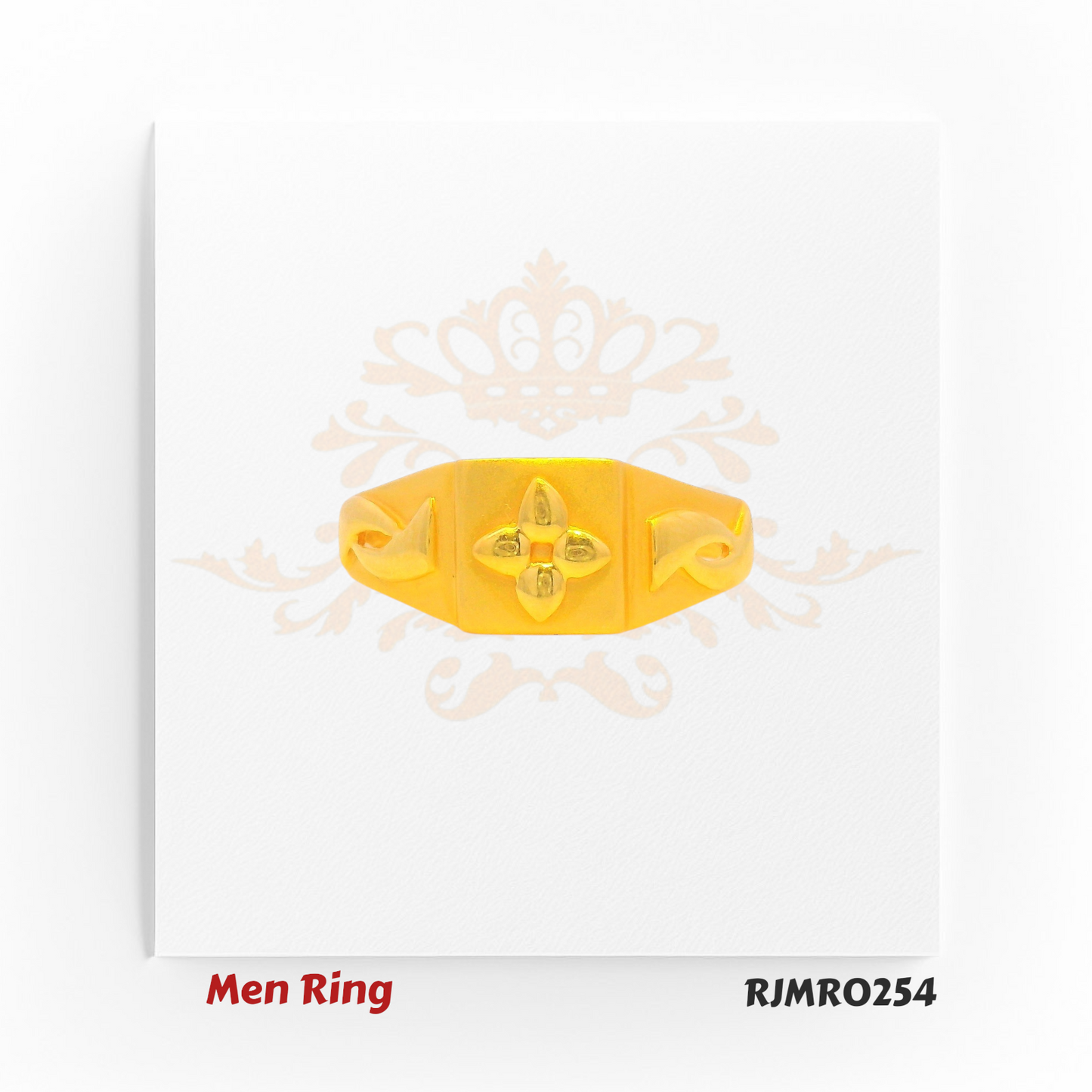 Men’s gold ring with a sleek square top, adorned with a refined four-leaf clover design and polished clean edges for a minimalist appeal. Model RJMR0254.