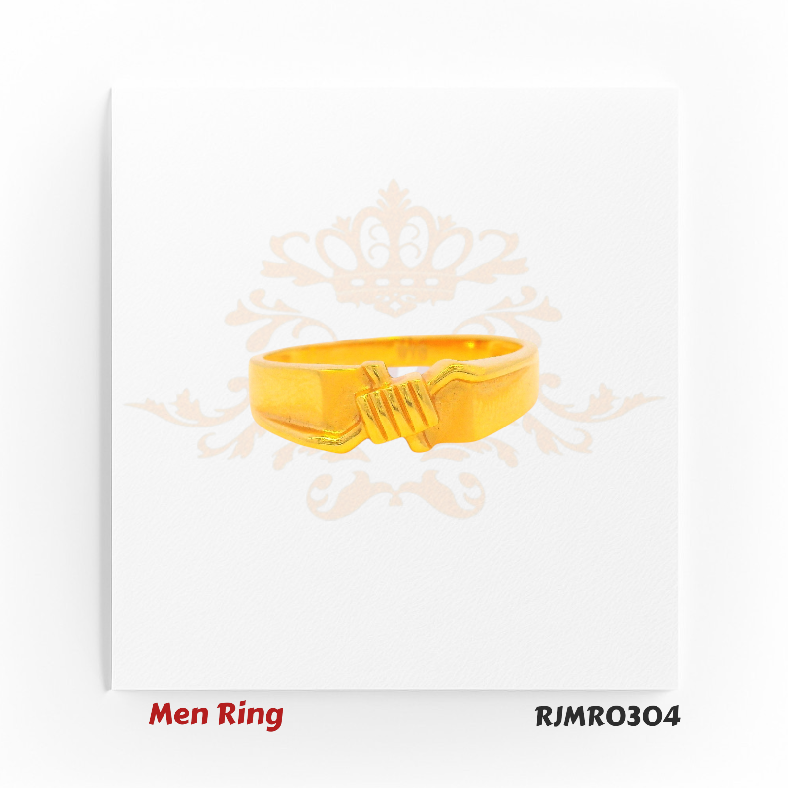 Modern men’s gold ring featuring a sleek band with a stepped ridge design, delivering a distinctive yet subtle contemporary look. Model RJMR0304.