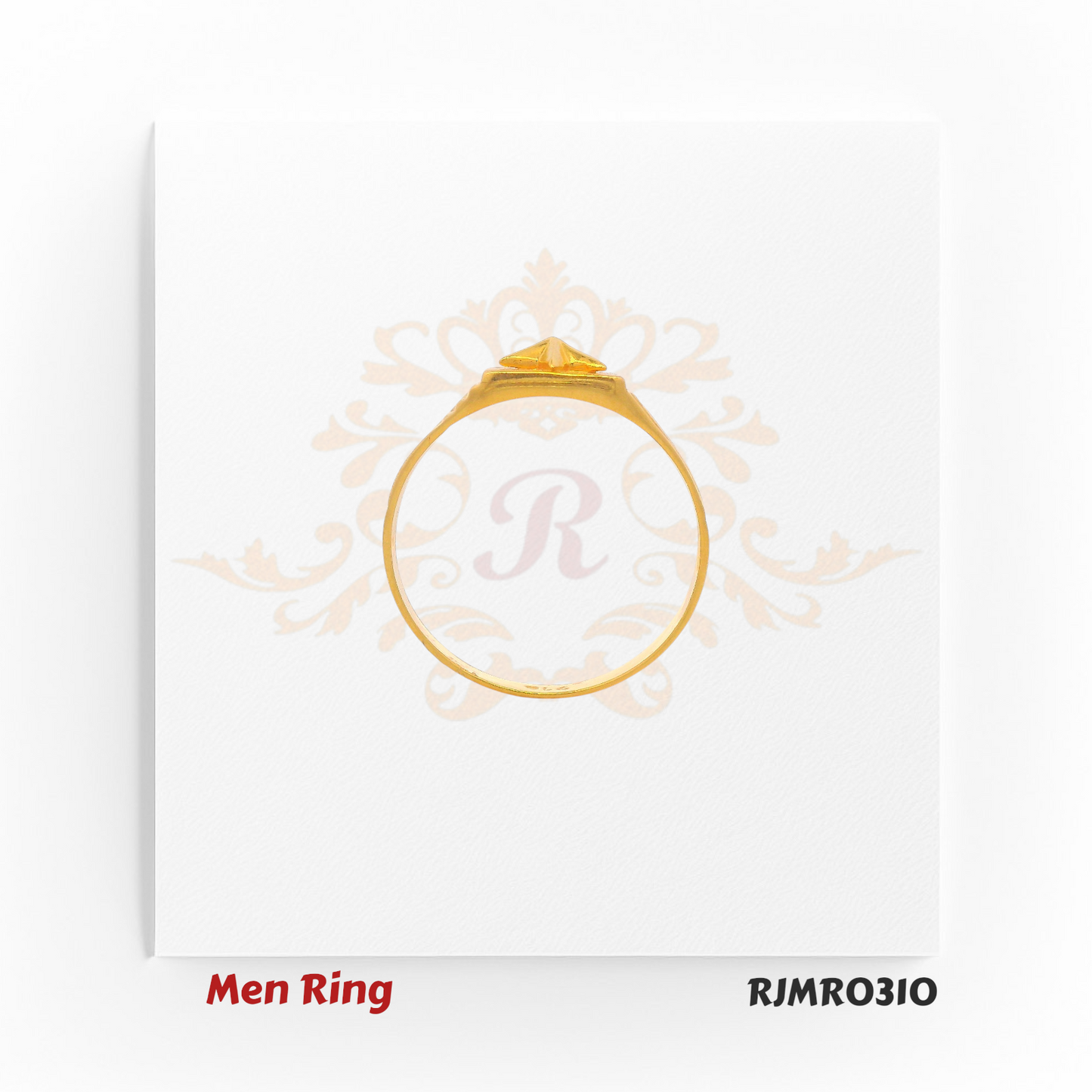 Stylish gold ring for men with a raised star emblem and chevron engraving on the flat rectangular top. RJMR0310