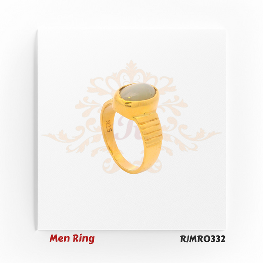 Elegant yellow gold men’s ring with a polished oval white gemstone centerpiece and textured ridged shoulders for a refined classic look. Model RJMR0332.