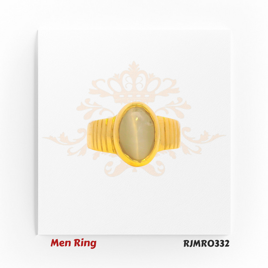 Timeless men’s yellow gold ring showcasing a smooth oval white gemstone at the center, complemented by ridged detailing along the band’s shoulders. Model RJMR0332.