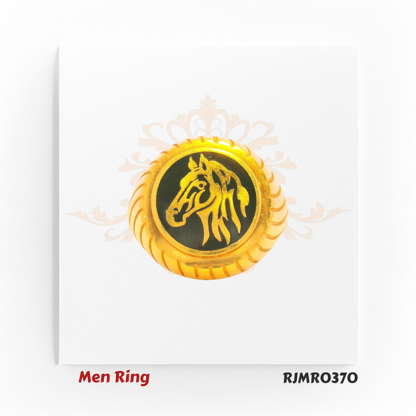 A powerful men’s gold ring featuring an oval black enamel top with a striking gold lion’s face at the center — a symbol of strength and dominance, set on a bold ridged base. Style Code: RJMR0370.