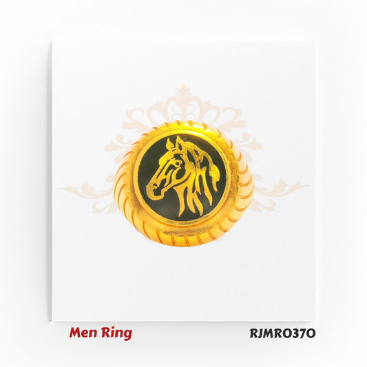 A powerful men’s gold ring featuring an oval black enamel top with a striking gold lion’s face at the center — a symbol of strength and dominance, set on a bold ridged base. Style Code: RJMR0370.