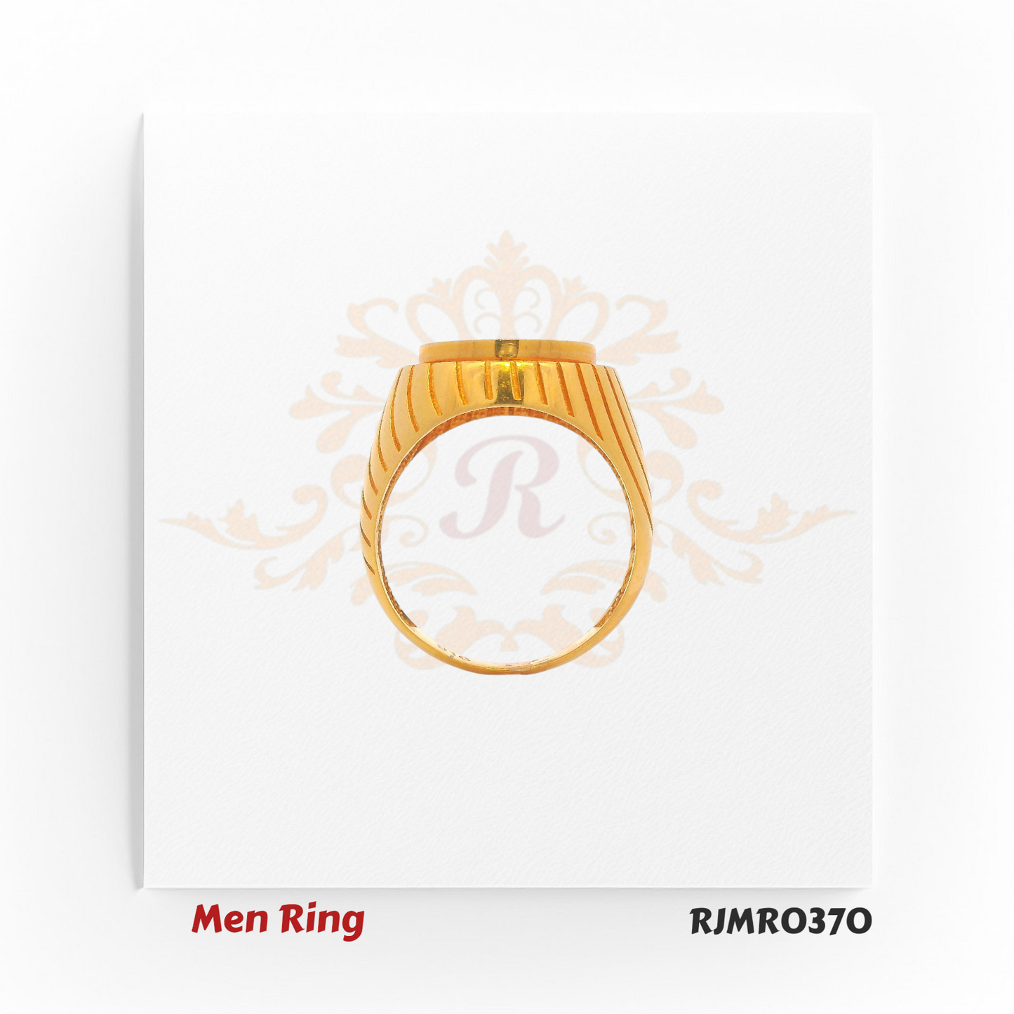 Bold gold men’s ring with a black enamel oval top showcasing a roaring lion face in gold, set on a ridged base. RJMR0370