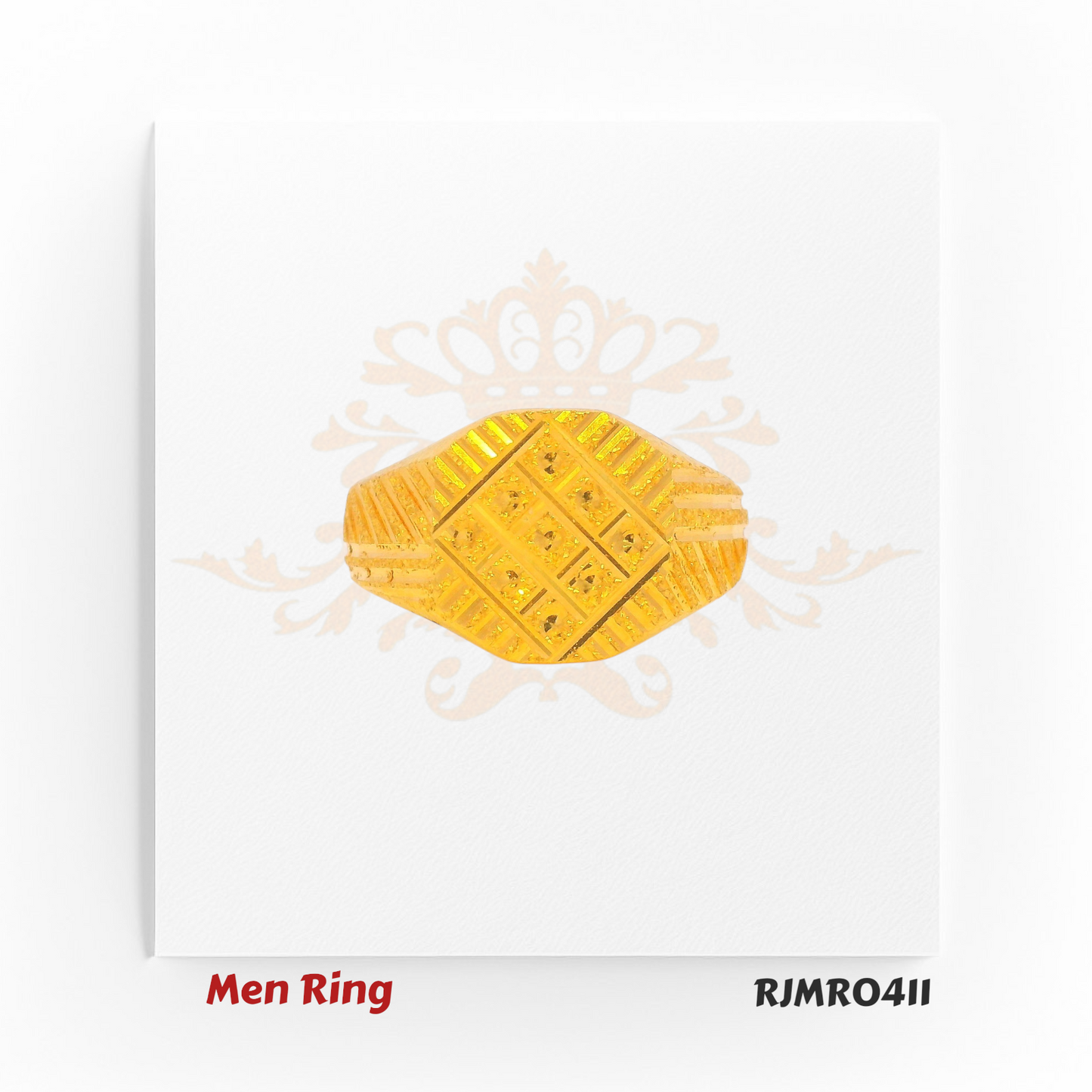 Textured yellow gold men’s ring with a diamond-cut checkerboard pattern, offering a bold and intricate surface design. RJMR0411
