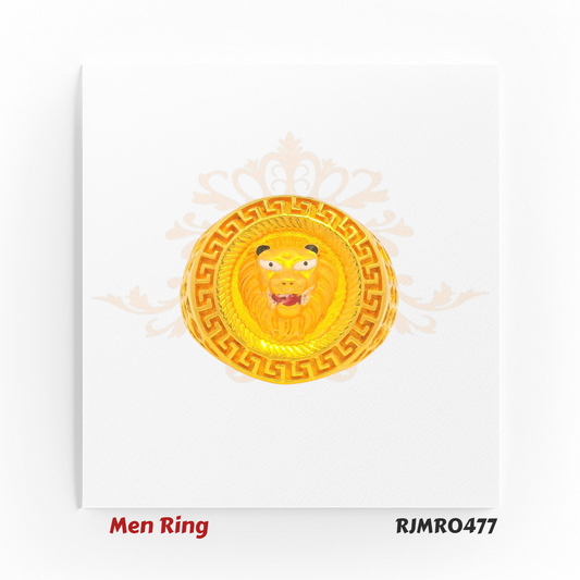Make a powerful impression with this 22kt gold men’s ring, showcasing an intricately engraved lion face at its center, framed by a classic Greek key border and bold cut-out sides for a striking, royal-inspired design. Model: RJMR0477.