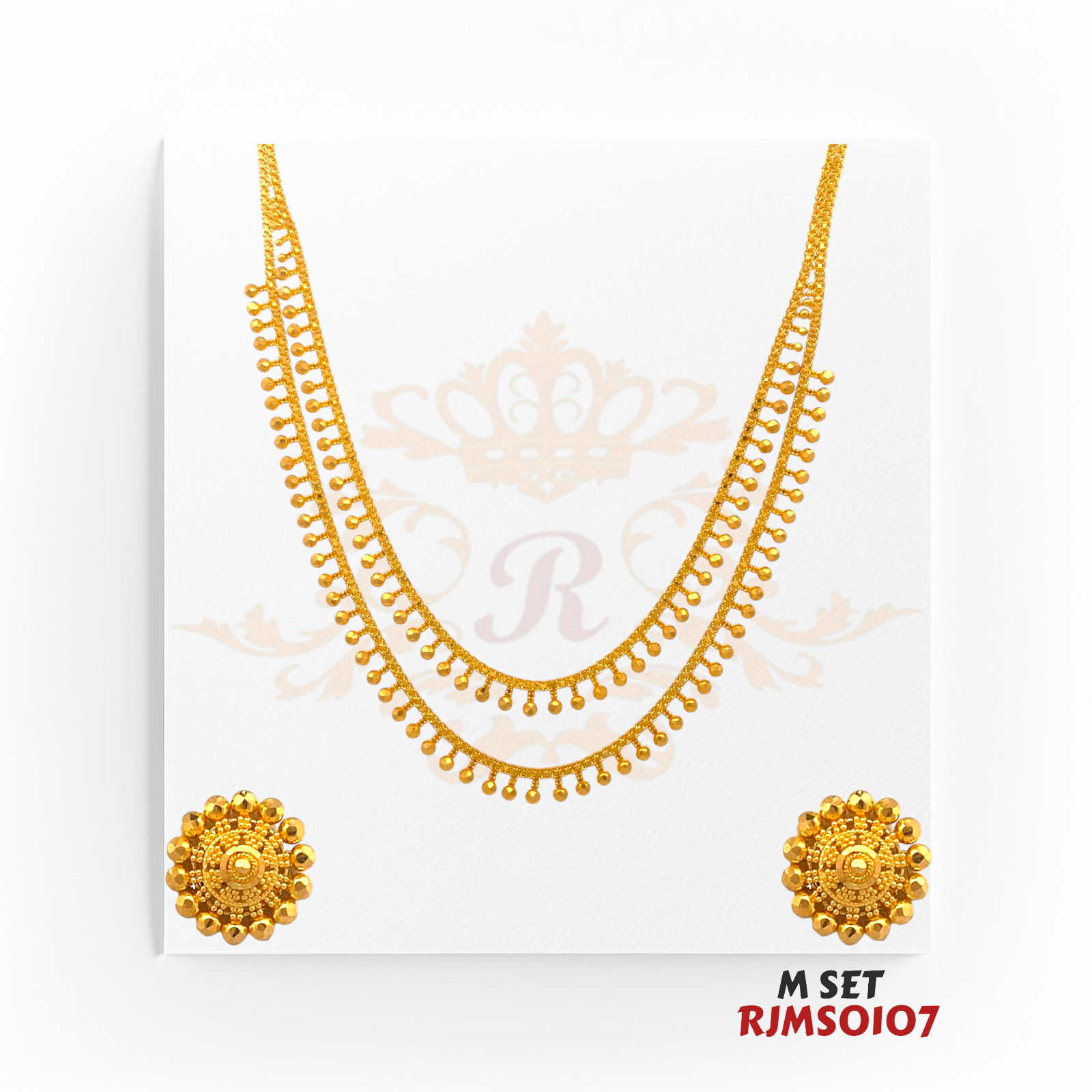 22kt Gold Mala Set RJMS0107 – A 21.50-gram traditional double-layered mala with intricate beadwork and matching stud earrings, available at Regal Jewels.