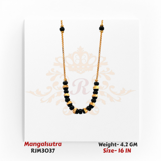 Front view of a sleek gold mangalsutra featuring alternating glossy black beads and textured gold beads arranged in a curved pattern along a fine gold chain. The minimalist design offers a modern touch to traditional elegance. Model RJM3037.