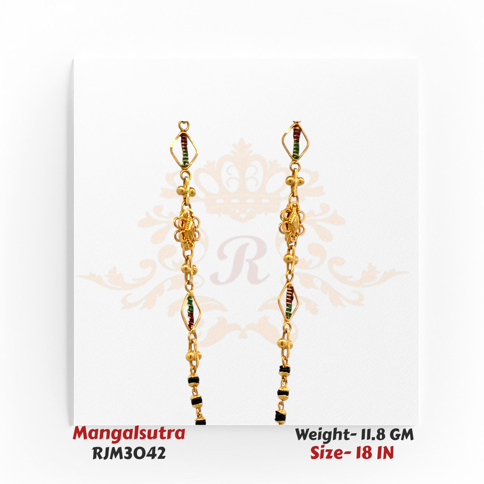 Close-up view of a traditional gold mangalsutra featuring dual symmetrical chain sections adorned with intricate filigree floral motifs and colorful enamel accents in red and green. The design transitions into a black-and-gold beaded lower chain, blending cultural elegance with vibrant detailing. Model RJM3042.