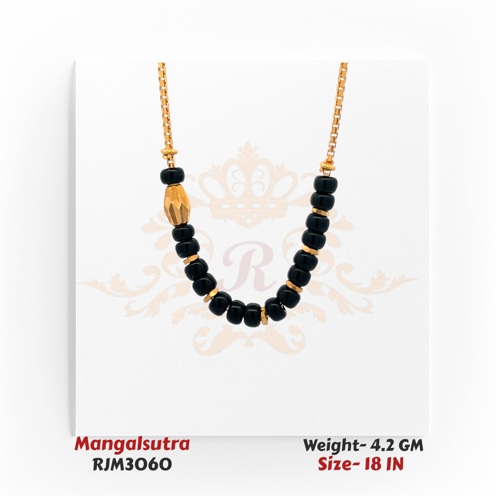 Close-up view of a minimalist gold mangalsutra featuring a sleek arrangement of glossy black beads separated by small gold spacers, accented with a single faceted gold bead on one side for an asymmetrical touch. Suspended from a fine gold chain, the design blends simplicity with modern elegance. Model RJM3060.