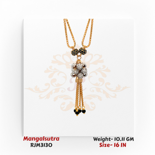 Close-up view of an elegant gold mangalsutra featuring a floral-shaped pendant crafted with textured silver and gold beads. The design is completed with multiple gold tassel chains ending in tiny black beads for a graceful finish. Model RJM3130.