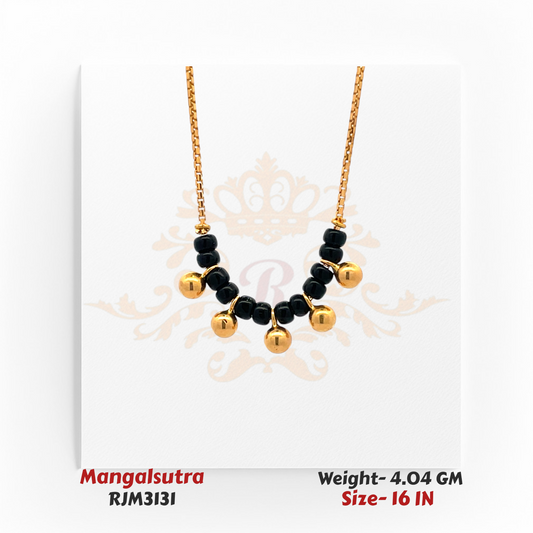 Close-up view of a minimalist gold mangalsutra featuring alternating smooth gold beads and glossy black beads, arranged in a graceful curve along a sleek gold chain. The design exudes simplicity and everyday elegance. Model RJM3131.