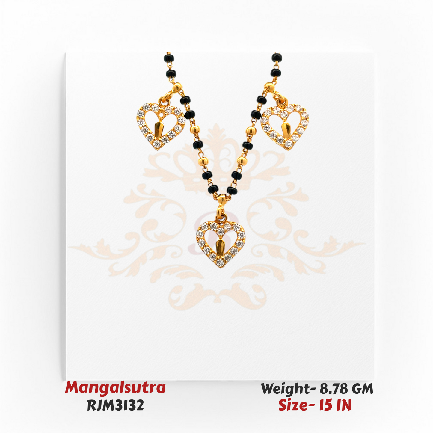Close-up view of a delicate gold mangalsutra featuring three open heart-shaped pendants outlined with sparkling white stones, suspended from a traditional black-and-gold beaded chain. Model RJM3132.