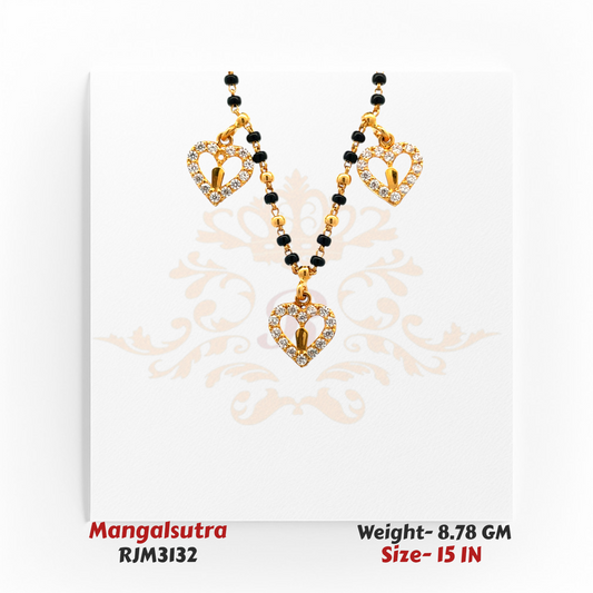 Close-up view of a delicate gold mangalsutra featuring three open heart-shaped pendants outlined with sparkling white stones, suspended from a traditional black-and-gold beaded chain. Model RJM3132.