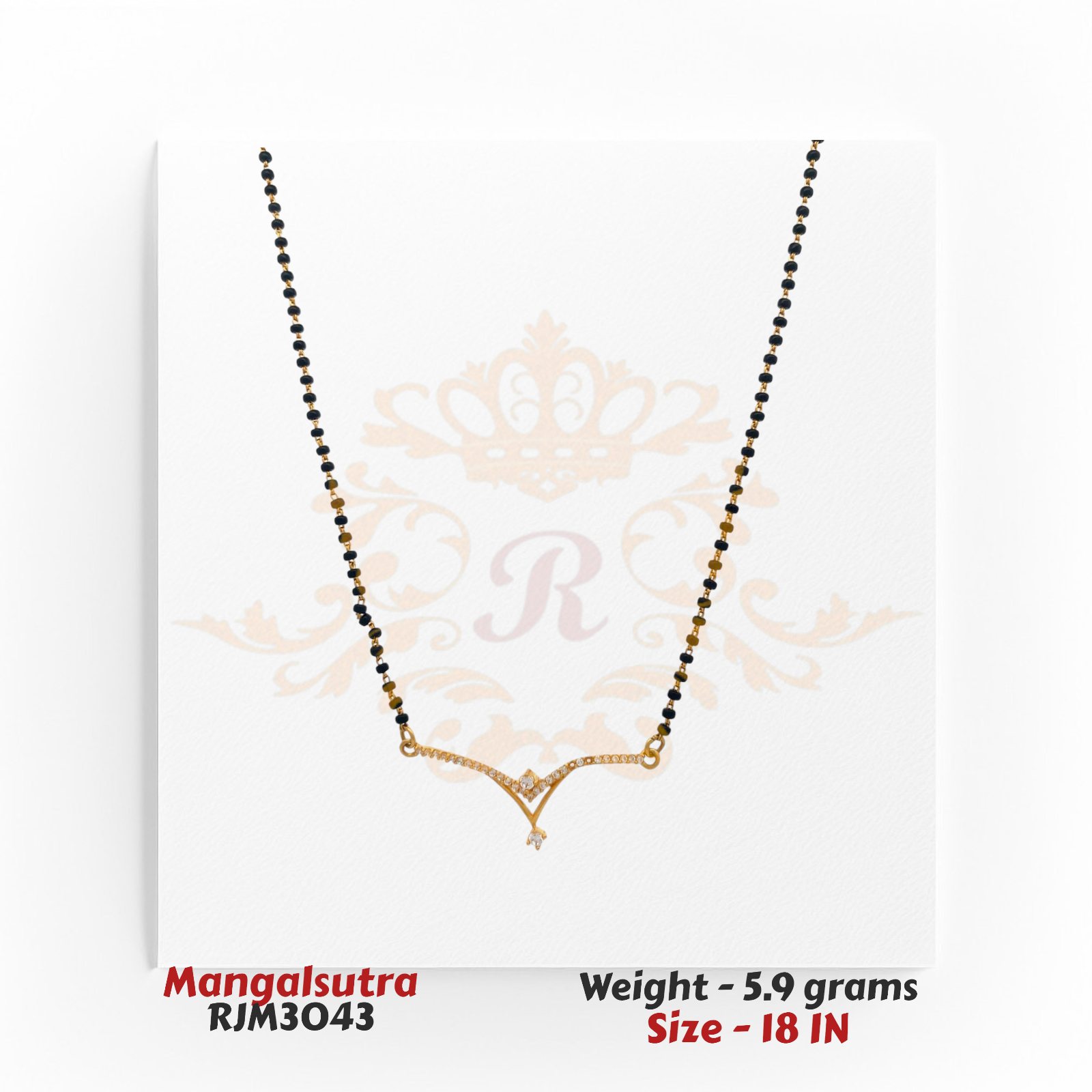 2kt Gold Mangalsutra RJM3043 – A 5.9-gram, 18-inch mangalsutra with a V-shaped cubic zirconia pendant and black bead chain, available at Regal Jewels.