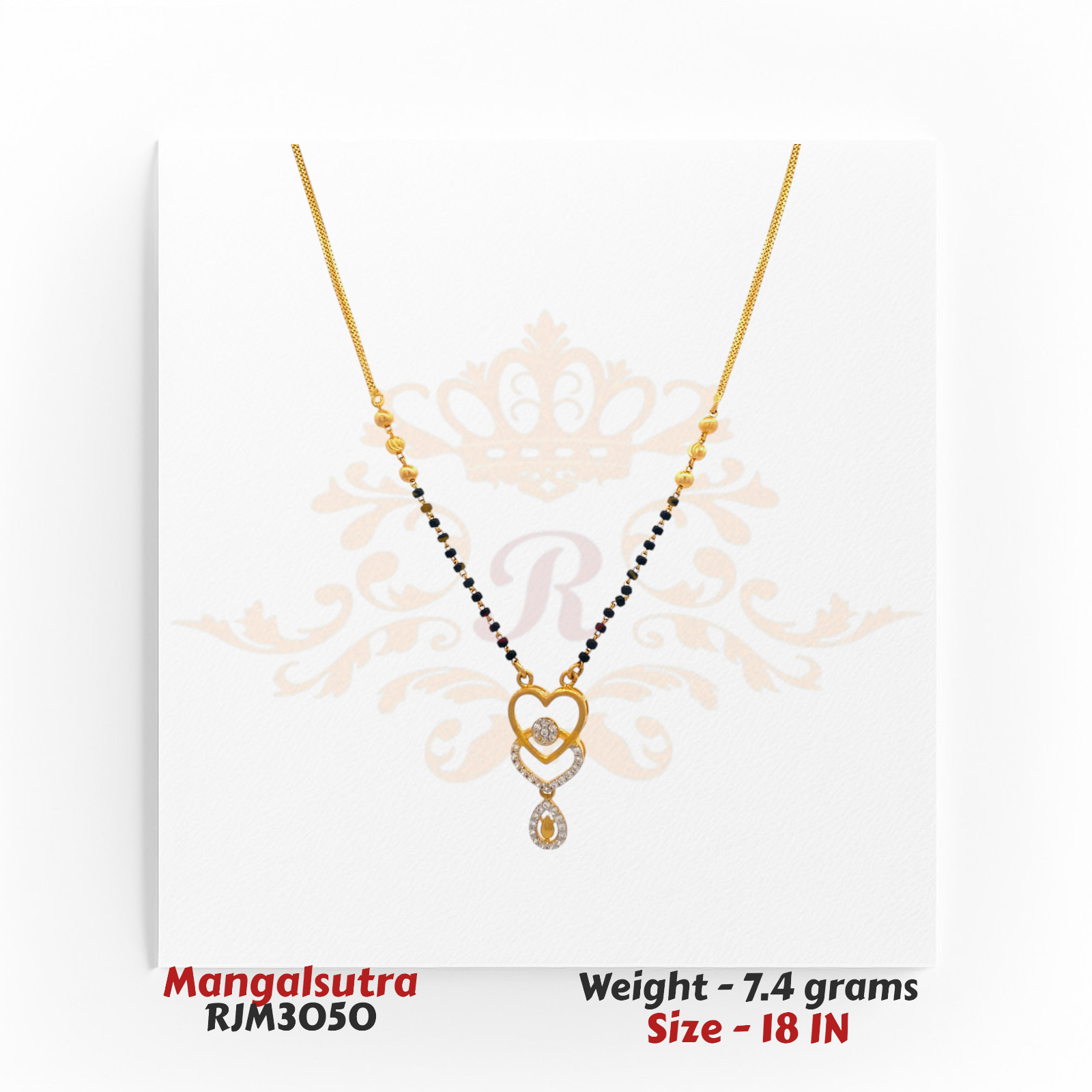 22kt Gold Mangalsutra RJM3050 – A 7.4-gram, 18-inch mangalsutra featuring a heart-shaped pendant with cubic zirconia stones and a black bead chain, available at Regal Jewels.