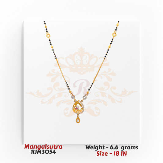 22kt Gold Mangalsutra RJM3054 – A 6.6-gram, 18-inch mangalsutra featuring a peacock-inspired cubic zirconia pendant with a teardrop charm, available at Regal Jewels.