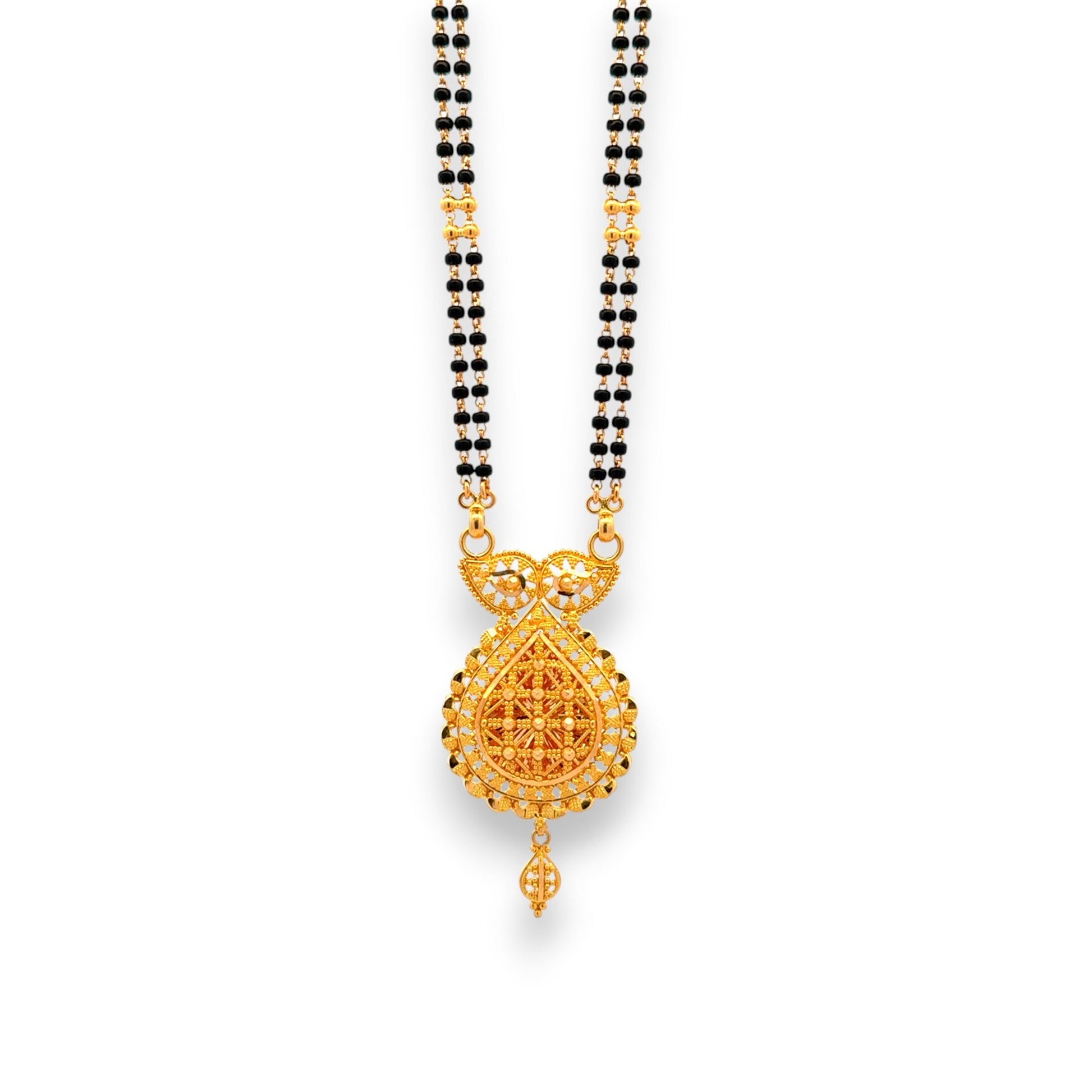 22k Gold Mangalsutra with teardrop filigree pendant and twin black bead strands – Regal Jewels RJM3135