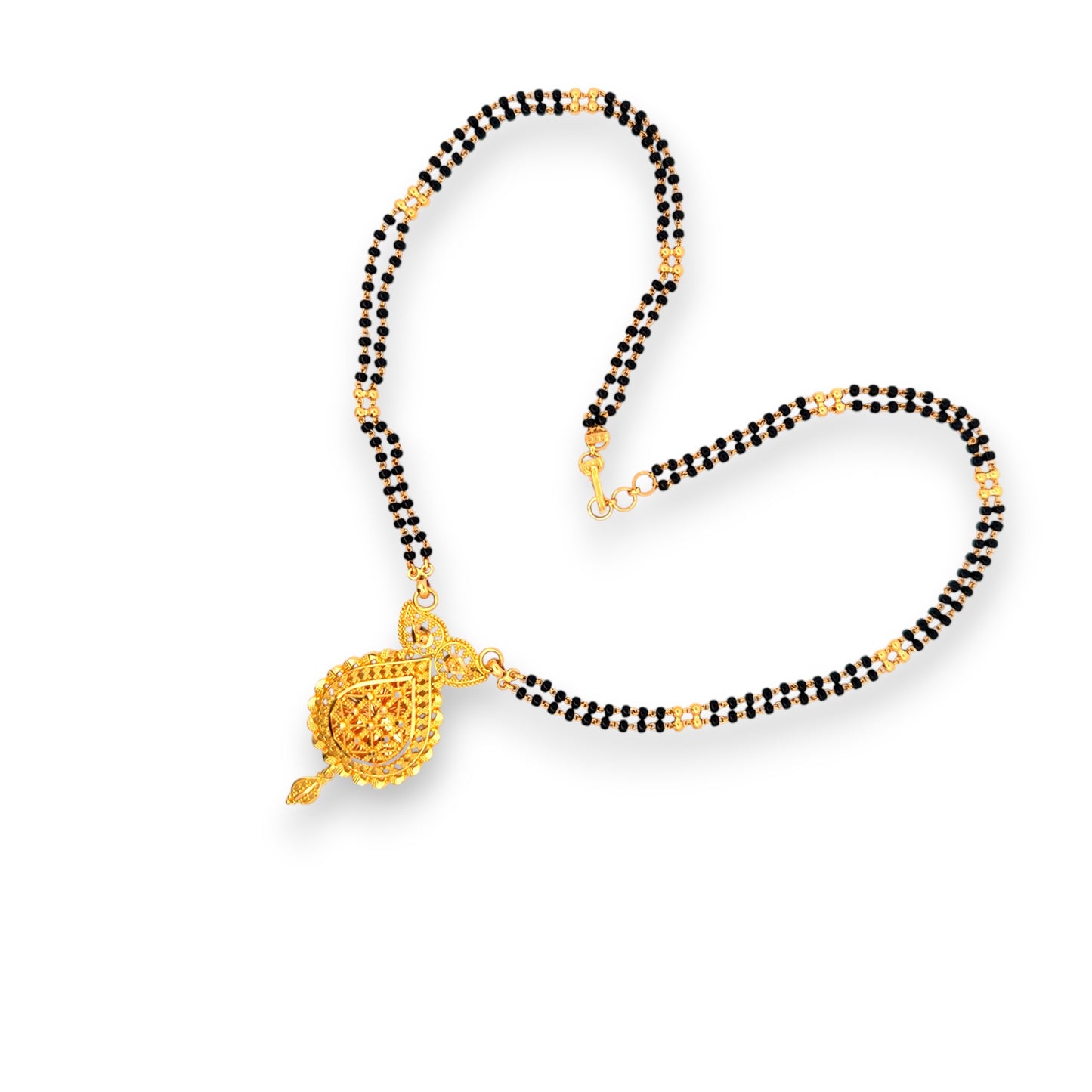 22k Gold Mangalsutra displayed in heart-shaped layout with gold filigree pendant – Regal Jewels RJM3135B
