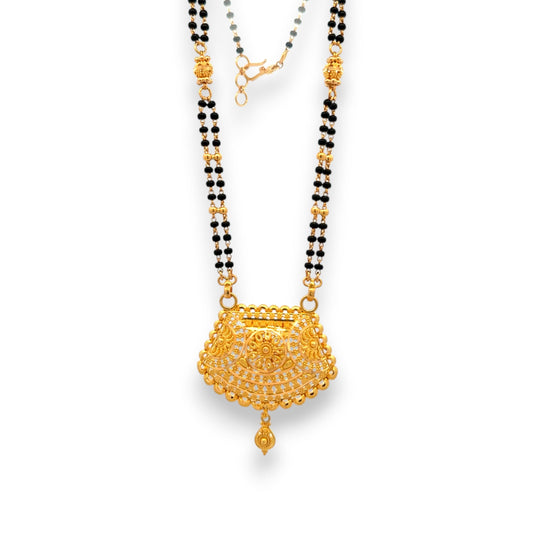 22k Gold Mangalsutra with wide floral filigree pendant and black bead chain – Regal Jewels RJM3137