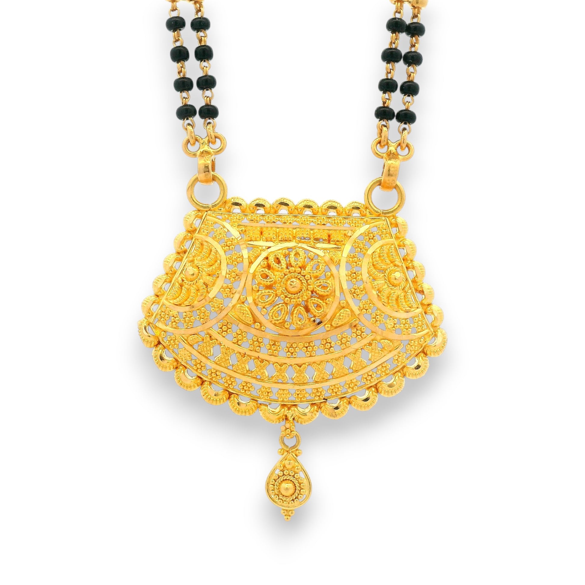 22k Gold Mangalsutra showing ornate detailed pendant design close-up – Regal Jewels RJM3137A