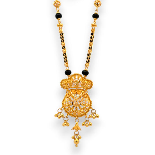 22k Gold Mangalsutra with dual strand black beads and floral motif pendant – Regal Jewels RJM3138